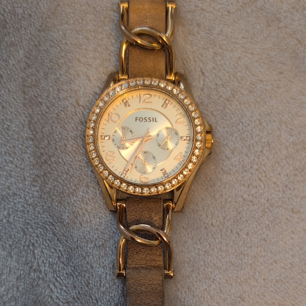 Fossil Women's Gold and Brown Watch with Crystal Accents
